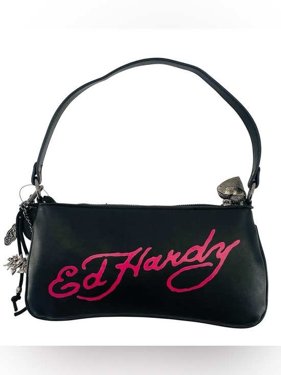 •Dead Alive• Ed Hardy Black Black Y2K Shoulder Bag Studded Horses Baguette Purse - Picture 3 of 4